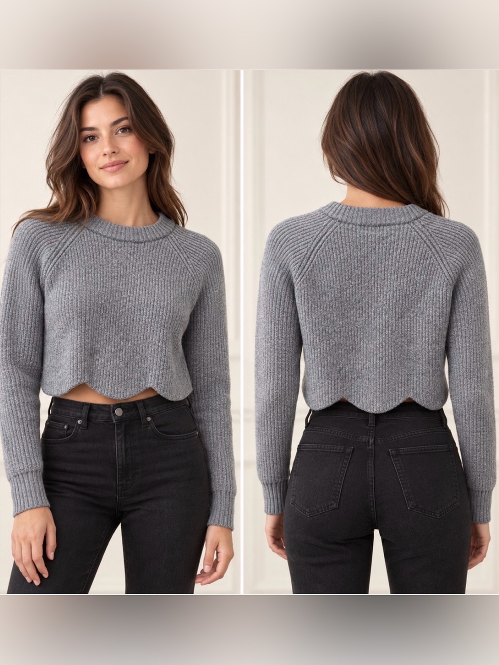 Wilfred Aritzia Sardou 100% Wool Cropped Scalloped Sweater Grey M